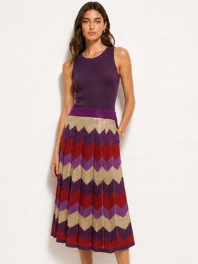 BEBE Skirt Flare Chevron Metallic Split Front Pull On Stretch Purple Red
